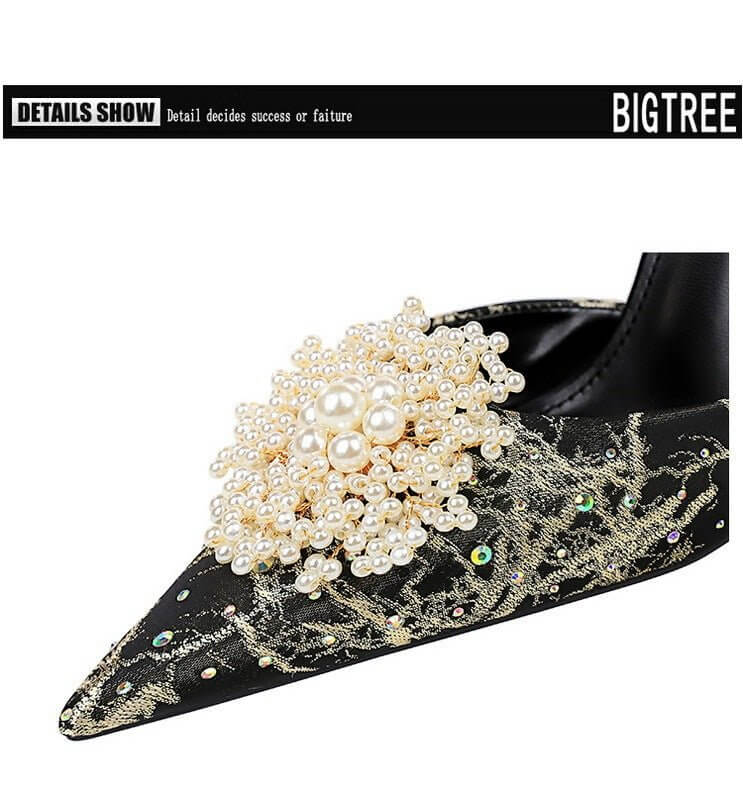 Low-cut Hollow One-word With Pointed Toe Rhinestone Pearl Flower Sandals High Heels $59.50 Dana Fashion Color: Apricot Size: 34 Women's shoes Product information: Lining material: Single layer PU Toe bracket shape: Pointed Color: Black, apricot Shoe Upper
