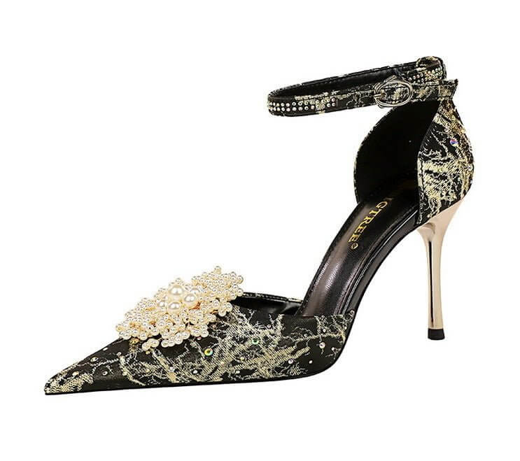 Low-cut Hollow One-word With Pointed Toe Rhinestone Pearl Flower Sandals High Heels $59.50 Dana Fashion Color: Apricot Size: 34 Women's shoes Product information: Lining material: Single layer PU Toe bracket shape: Pointed Color: Black, apricot Shoe Upper