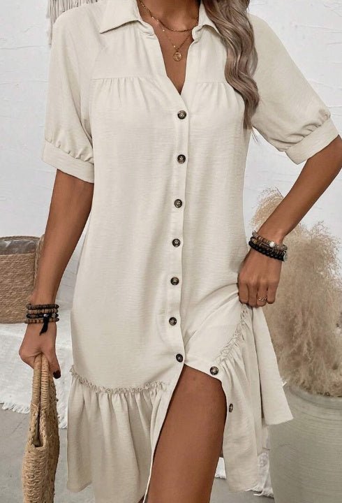 LUNE Solid Color Turn-Down Collar Button Up Dress With Ruffle Hem $26.49 Dana Fashion Color: Apricot Size: 2XL Women's clothing المواد: القماش التركيب: 100% بوليستر تعليمات العناية: غسيل آلي أو تنظيف جاف احترافي معلومات المقاس: المقاس : S، M، L، XL، 2XL،