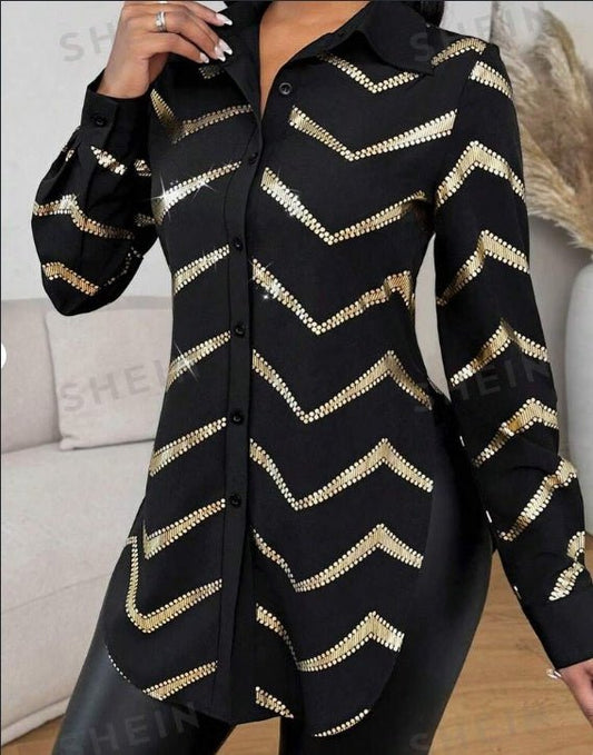 Lyxana Open Placket Foil Print Random Cut Shoulder Long Sleeve Cinched Waist Blouse Women ShirtDana FashionDana FashionLyxana Open Placket Foil Print Random Cut Shoulder Long Sleeve Cinched Waist Blouse Women Shirt