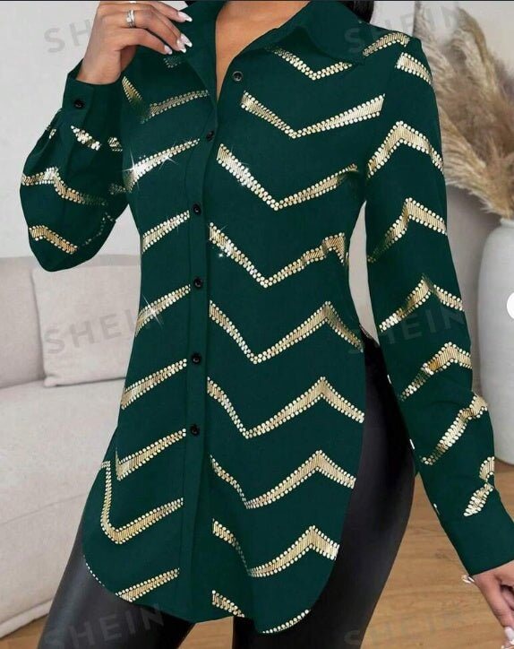 Lyxana Open Placket Foil Print Random Cut Shoulder Long Sleeve Cinched Waist Blouse Women Shirt $32.20 Dana Fashion Color: Dark Green Size: 2XL Women's clothing Material: Fabric Composition: 97.0% Polyester, 3.0% Elastane Care Instructions: Hand wash,do n