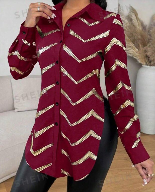 Lyxana Open Placket Foil Print Random Cut Shoulder Long Sleeve Cinched Waist Blouse Women Shirt $32.20 Dana Fashion Color: Burgundy Size: 2XL Women's clothing Material: Fabric Composition: 97.0% Polyester, 3.0% Elastane Care Instructions: Hand wash,do not