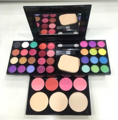 Makeup box make-up set $32.40 Dana Fashion Net weight: 50ml makeup Includes: 24 color eyeshadow, 4 colors blush, 3 powder cakes (2 wet and dry +1 wet), 8 color lipstick, eye shadow stick, small blush brush, lip brush, puff, mirror. Length 14.2cm width 11c