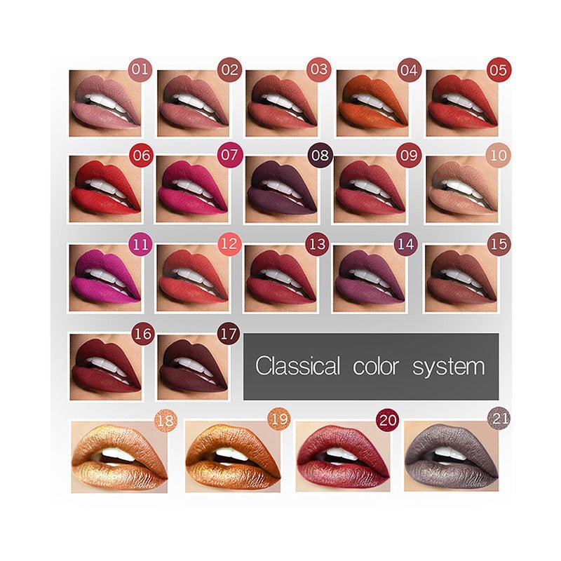Makeup matte matte lip gloss lipstick $12.50 Dana Fashion Color: 01color makeup Product information: 21 Color for You to Choose. 100% brand new and High quality Quantity: 1PC Features: Matte,Long-lasting,Waterproof Packing list： Lip Glaze*1 Capacity: 8ml