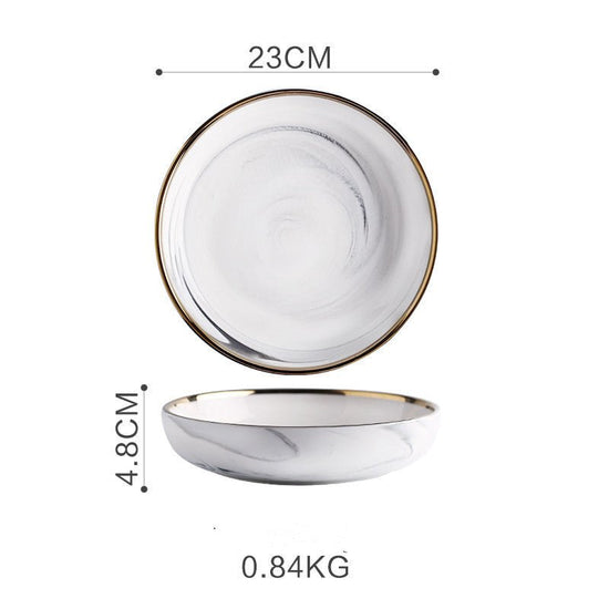 Marble Tableware Bowls Plates Rice $48.26 Dana Fashion Color: Small 9inch deep plate Dana's Kitchen Product information Material: Porcelain Pattern: gold trim Color classification: Small soup spoon (two packs) Small sauce (two packs) Millet rice bowl Smal