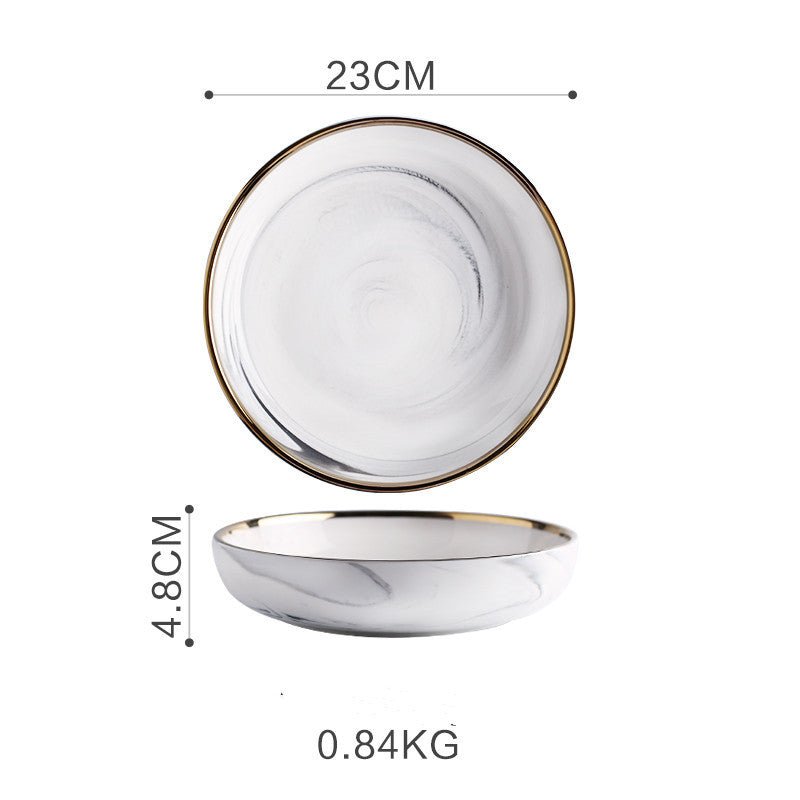 Marble Tableware Bowls Plates Rice $48.26 Dana Fashion Color: Small 9inch deep plate Dana's Kitchen Product information Material: Porcelain Pattern: gold trim Color classification: Small soup spoon (two packs) Small sauce (two packs) Millet rice bowl Smal