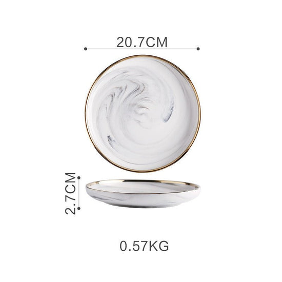 Marble Tableware Bowls Plates Rice $39.74 Dana Fashion Color: Small 8inch platter Dana's Kitchen Product information Material: Porcelain Pattern: gold trim Color classification: Small soup spoon (two packs) Small sauce (two packs) Millet rice bowl Small b