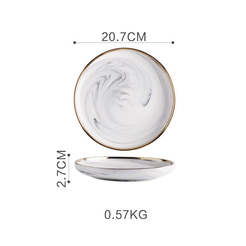 Marble Tableware Bowls Plates Rice $39.74 Dana Fashion Color: Small 8inch platter Dana's Kitchen Product information Material: Porcelain Pattern: gold trim Color classification: Small soup spoon (two packs) Small sauce (two packs) Millet rice bowl Small b