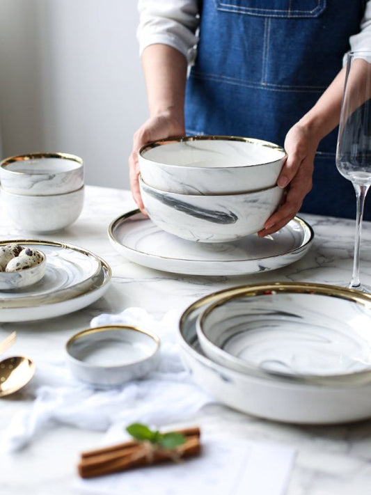 Marble Tableware Bowls Plates Rice $187.39 Dana Fashion Color: 1Set Dana's Kitchen Product information Material: Porcelain Pattern: gold trim Color classification: Small soup spoon (two packs) Small sauce (two packs) Millet rice bowl Small big soup bowl S