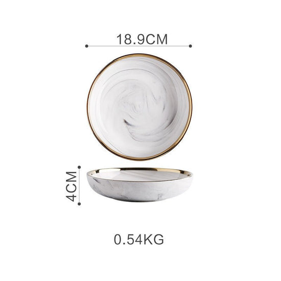 Marble Tableware Bowls Plates Rice $37.25 Dana Fashion Color: Small 7.5inch deep plate Dana's Kitchen Product information Material: Porcelain Pattern: gold trim Color classification: Small soup spoon (two packs) Small sauce (two packs) Millet rice bowl Sm