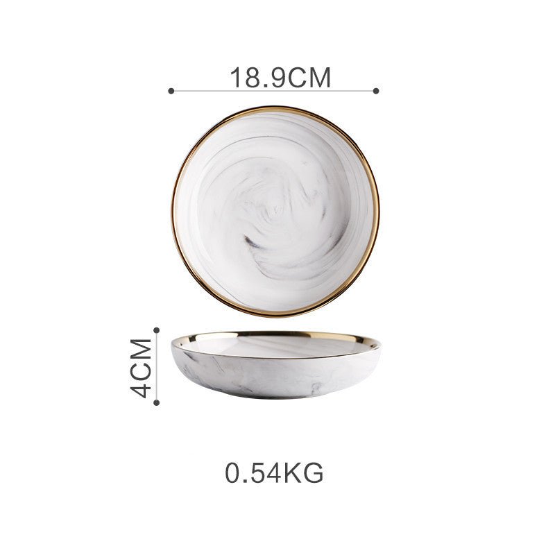 Marble Tableware Bowls Plates Rice $37.25 Dana Fashion Color: Small 7.5inch deep plate Dana's Kitchen Product information Material: Porcelain Pattern: gold trim Color classification: Small soup spoon (two packs) Small sauce (two packs) Millet rice bowl Sm