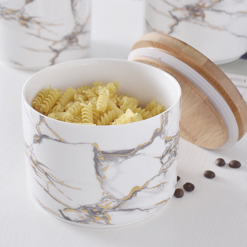 Marbled ceramic wooden lid airtight jar $131.76 Dana Fashion Size: 3pcs a set Dana's Kitchen [Name]: Sealed storage container [Style]: Nordic simplicity [Material]: High temperature ceramic [Selection]: Large, medium and small are available [Size]: Large