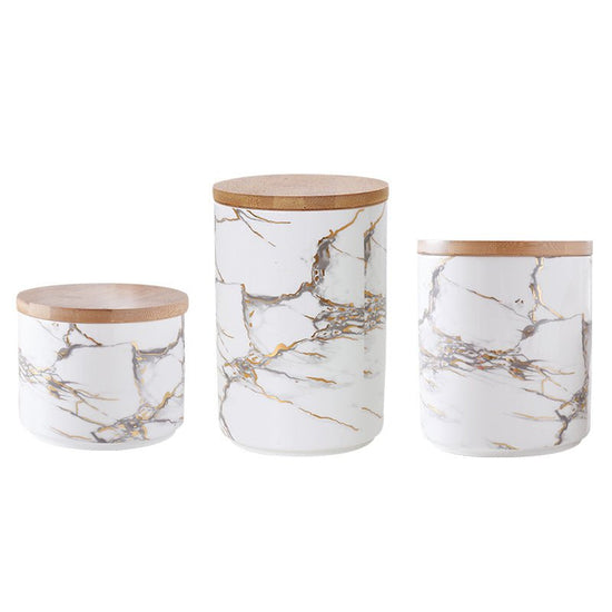 Marbled ceramic wooden lid airtight jar $131.76 Dana Fashion Size: 3pcs a set Dana's Kitchen [Name]: Sealed storage container [Style]: Nordic simplicity [Material]: High temperature ceramic [Selection]: Large, medium and small are available [Size]: Large