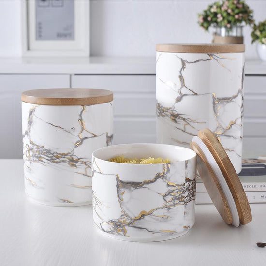 Marbled ceramic wooden lid airtight jar $131.76 Dana Fashion Size: 3pcs a set Dana's Kitchen [Name]: Sealed storage container [Style]: Nordic simplicity [Material]: High temperature ceramic [Selection]: Large, medium and small are available [Size]: Large