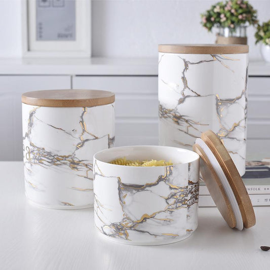 Marbled ceramic wooden lid airtight jar $131.76 Dana Fashion Size: 3pcs a set Dana's Kitchen [Name]: Sealed storage container [Style]: Nordic simplicity [Material]: High temperature ceramic [Selection]: Large, medium and small are available [Size]: Large