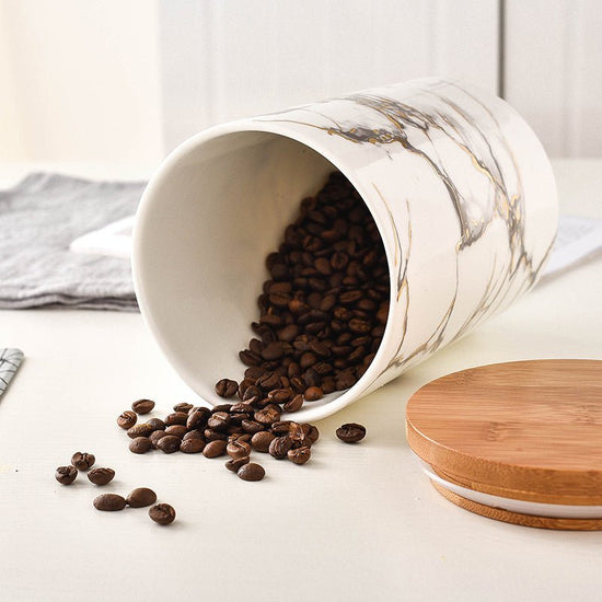 Marbled ceramic wooden lid airtight jar $131.76 Dana Fashion Size: 3pcs a set Dana's Kitchen [Name]: Sealed storage container [Style]: Nordic simplicity [Material]: High temperature ceramic [Selection]: Large, medium and small are available [Size]: Large