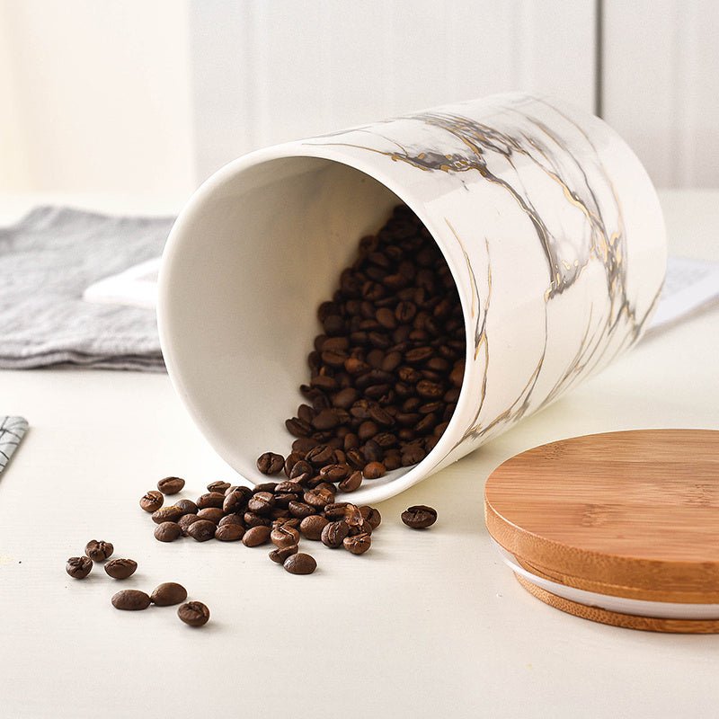 Marbled ceramic wooden lid airtight jar $131.76 Dana Fashion Size: 3pcs a set Dana's Kitchen [Name]: Sealed storage container [Style]: Nordic simplicity [Material]: High temperature ceramic [Selection]: Large, medium and small are available [Size]: Large