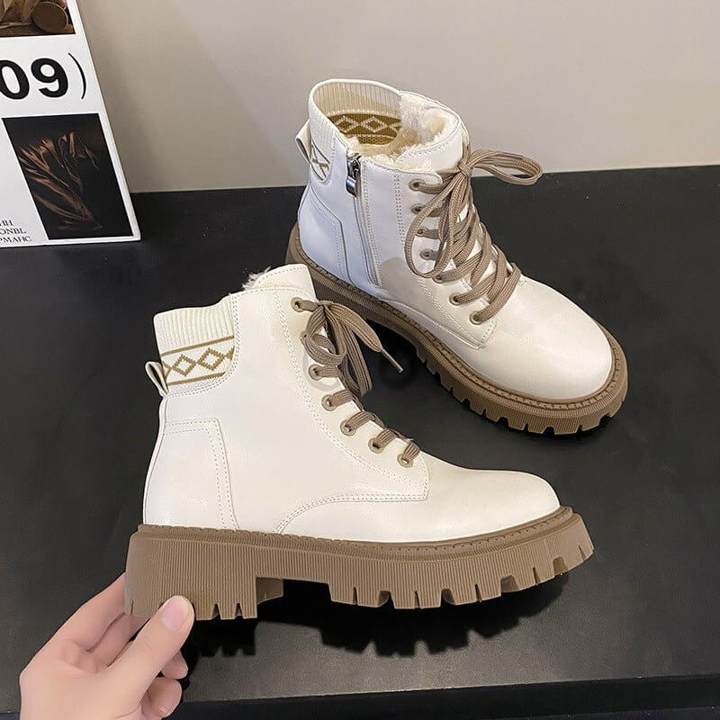 Martin Boots Female British Style Fleece-lined $43.20 Dana Fashion Color: Beige Cotton Size: 35 Women's shoes Product information: Color: Milky White, black single liner, black cotton, beige cotton Heel shape: flat heel Size: 35, 36, 37, 38, 39, 40, 41, 4