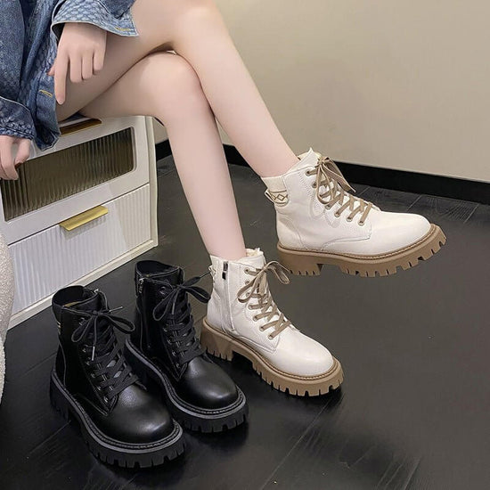 Martin Boots Female British Style Fleece-lined $43.20 Dana Fashion Color: Beige Cotton Size: 35 Women's shoes Product information: Color: Milky White, black single liner, black cotton, beige cotton Heel shape: flat heel Size: 35, 36, 37, 38, 39, 40, 41, 4