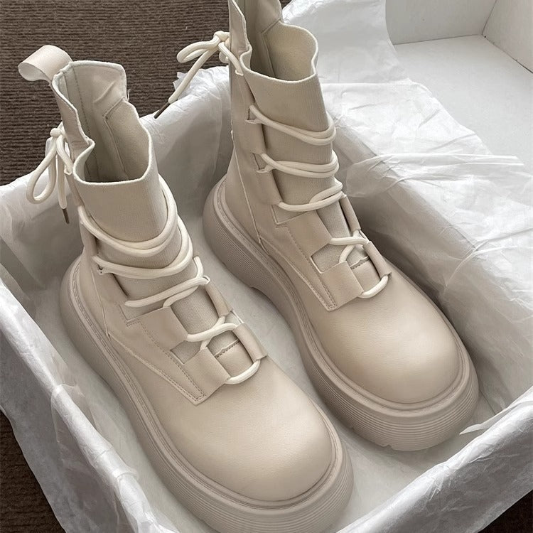 Martin Boots Women's Thick Sole Increased By Lace-up Booties $37.56 Dana Fashion Color: Beige With Cotton Lining Size: 35 Women's shoes ข้อมูลผลิตภัณฑ์: สี: สีเบจ, สีดำ, สีเทา, ซับในผ้าฝ้ายสีเบจ, ซับในผ้าฝ้ายสีดำ, สีเทา รูปทรงส้น: แพลตฟอร์ม ขนาด: 35, 36,