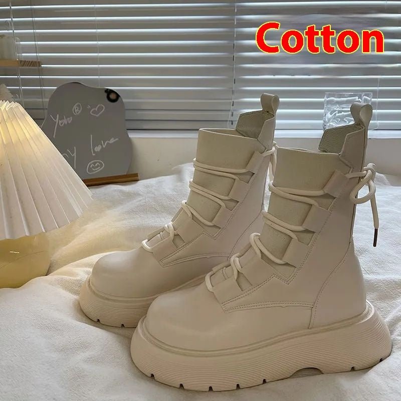 Martin Boots Women's Thick Sole Increased By Lace-up Booties $37.56 Dana Fashion Color: Beige With Cotton Lining Size: 35 Women's shoes ข้อมูลผลิตภัณฑ์: สี: สีเบจ, สีดำ, สีเทา, ซับในผ้าฝ้ายสีเบจ, ซับในผ้าฝ้ายสีดำ, สีเทา รูปทรงส้น: แพลตฟอร์ม ขนาด: 35, 36,