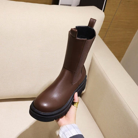 Martin Fashion Platform Mid-calf Stretch Boots $94.50 Dana Fashion Color: Dark Brown High Velvet Lining Size: 33 Women's shoes Product information: Color: white【 Kose velvet lining], dark brown [Kose velvet lining], Black [Kose velvet lining]], Heel shape