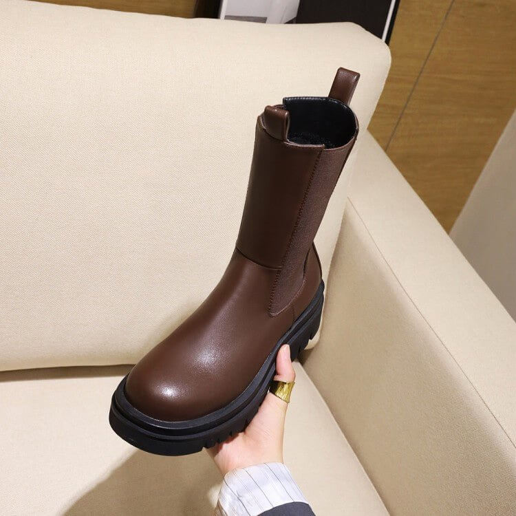 Martin Fashion Platform Mid-calf Stretch Boots $94.50 Dana Fashion Color: Dark Brown High Velvet Lining Size: 33 Women's shoes Product information: Color: white【 Kose velvet lining], dark brown [Kose velvet lining], Black [Kose velvet lining]], Heel shape