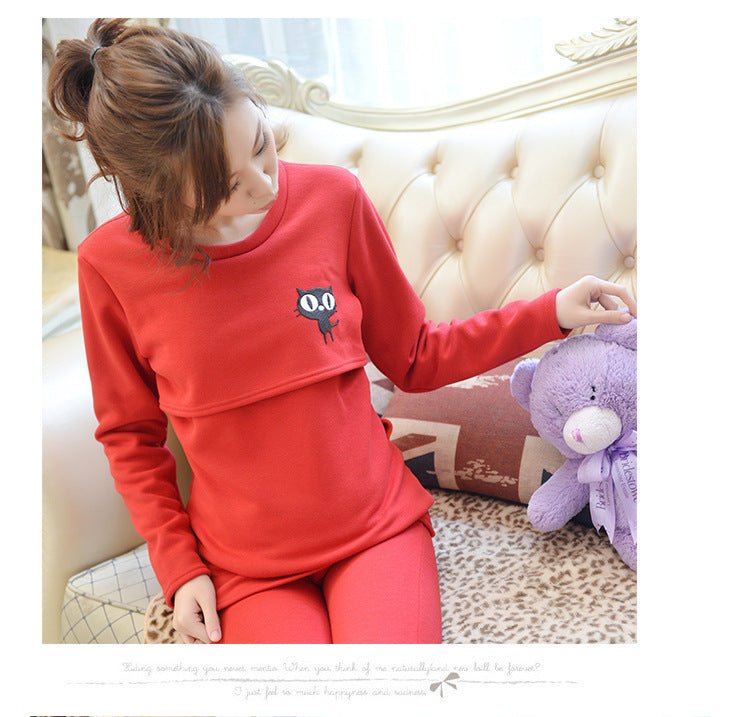 Maternity thermal underwear set $30.93 Dana Fashion Color: Black Size: 3XL Baby & Mother Product category: confinement clothing/nursing clothing Style: Korean Suitable seasons: Autumn and Winter Thickness: thicker Pattern: Cartoon Collar type: round neck