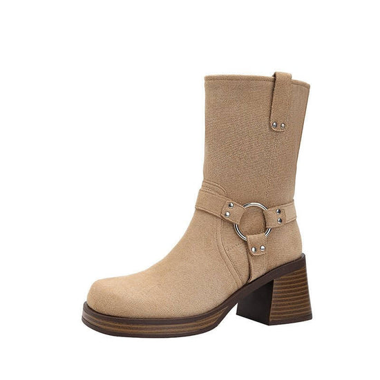 Matte Cowhide Loose Breathable Women's Boots $64.90 Dana Fashion Color: Apricot Size: 34 Women's shoes Product information: Inner material: Microfiber Color: Apricot Heel height: high heels (6-8CM) Length of socks: Middle calf Heel shape: short stout heel