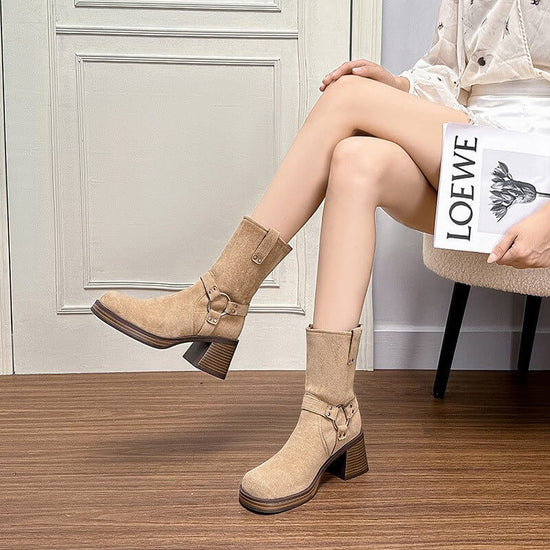 Matte Cowhide Loose Breathable Women's Boots $64.90 Dana Fashion Color: Apricot Size: 34 Women's shoes Product information: Inner material: Microfiber Color: Apricot Heel height: high heels (6-8CM) Length of socks: Middle calf Heel shape: short stout heel