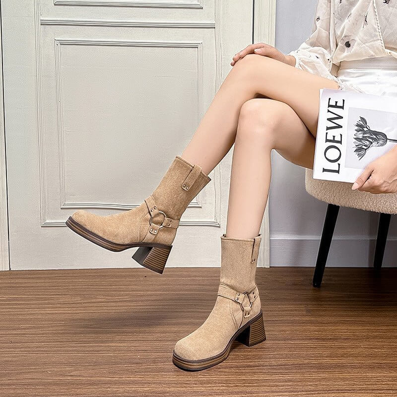 Matte Cowhide Loose Breathable Women's Boots $64.90 Dana Fashion Color: Apricot Size: 34 Women's shoes Product information: Inner material: Microfiber Color: Apricot Heel height: high heels (6-8CM) Length of socks: Middle calf Heel shape: short stout heel