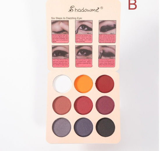 Matte Makeup Eyeshadow Pallete - B $15.23 Dana Fashion style: B makeup *Specifications: 9CM*9CM*1CM (closed), 18CM*9CM*0.5CM (open) *Weight: 0.029kgs *Material: eva package *Color: 9 colors matte and pearl color