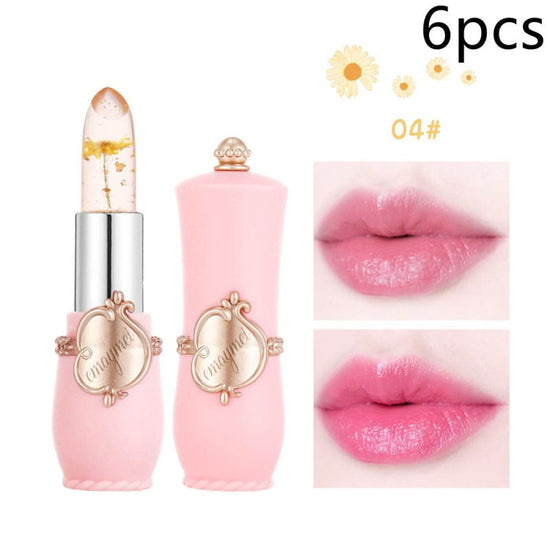 Maymei Moisturizing Lip Balm Dried Flower Color Changing Lipstick $60.74 Dana Fashion Color: 04color style: 6PCS makeup Specification: Name] transparent flower color changing lipstick Net content] 3. 8g Scent] peach Color number] 6 kinds of flowers Size]