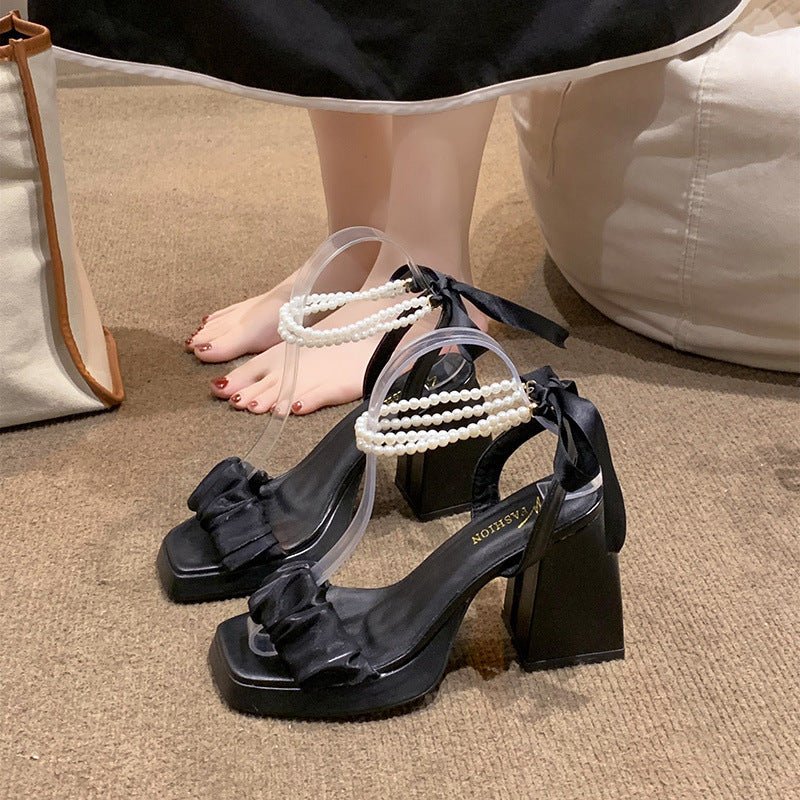 Medium Chunky Heel Crystal French Style Fairy Pearl Roman Sandals $39.50 Dana Fashion Color: Black Size: 35 Women's shoes Product information: Lining material: no lining Toe holder shape: square head Color: beige 8cm], black upgraded version [8cm]] Shoe U