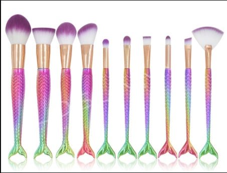 Mermaid Makeup Brushes $28.18 Dana Fashion style: 11 quantity: 10 pcs makeup Specification : Color:multicolor Gender:Women Hair Material: Nylon Hair Handle material: Plating,Plastic Used with:Powder Basic makeup brush. Suitable for professional use or hom