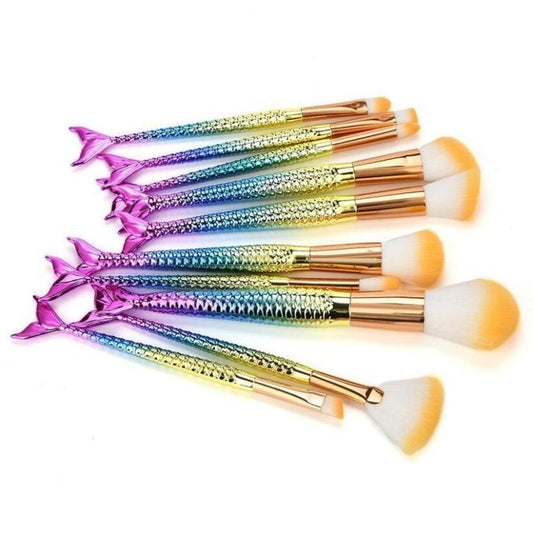 Mermaid Makeup Brushes $28.18 Dana Fashion style: 11 quantity: 10 pcs makeup Specification : Color:multicolor Gender:Women Hair Material: Nylon Hair Handle material: Plating,Plastic Used with:Powder Basic makeup brush. Suitable for professional use or hom