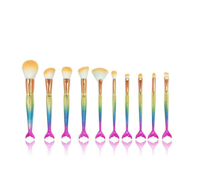 Mermaid Makeup Brushes $28.18 Dana Fashion style: 11 quantity: 10 pcs makeup Specification : Color:multicolor Gender:Women Hair Material: Nylon Hair Handle material: Plating,Plastic Used with:Powder Basic makeup brush. Suitable for professional use or hom
