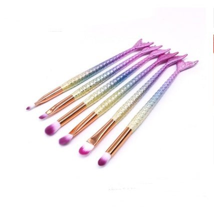 Mermaid Makeup Brushes $28.18 Dana Fashion style: 11 quantity: 10 pcs makeup Specification : Color:multicolor Gender:Women Hair Material: Nylon Hair Handle material: Plating,Plastic Used with:Powder Basic makeup brush. Suitable for professional use or hom