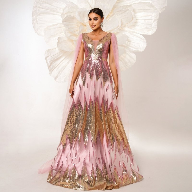 Mesh Long Sleeve V-neck Sequins Large Swing Evening Dress $134.19 Dana Fashion Color: Pink Size: L Women's clothing Product information: Pattern: solid color Skirt type: hip skirt Color: Pink Waist type: high waist Size: S,M,L,XL Style type: Elegant Combi