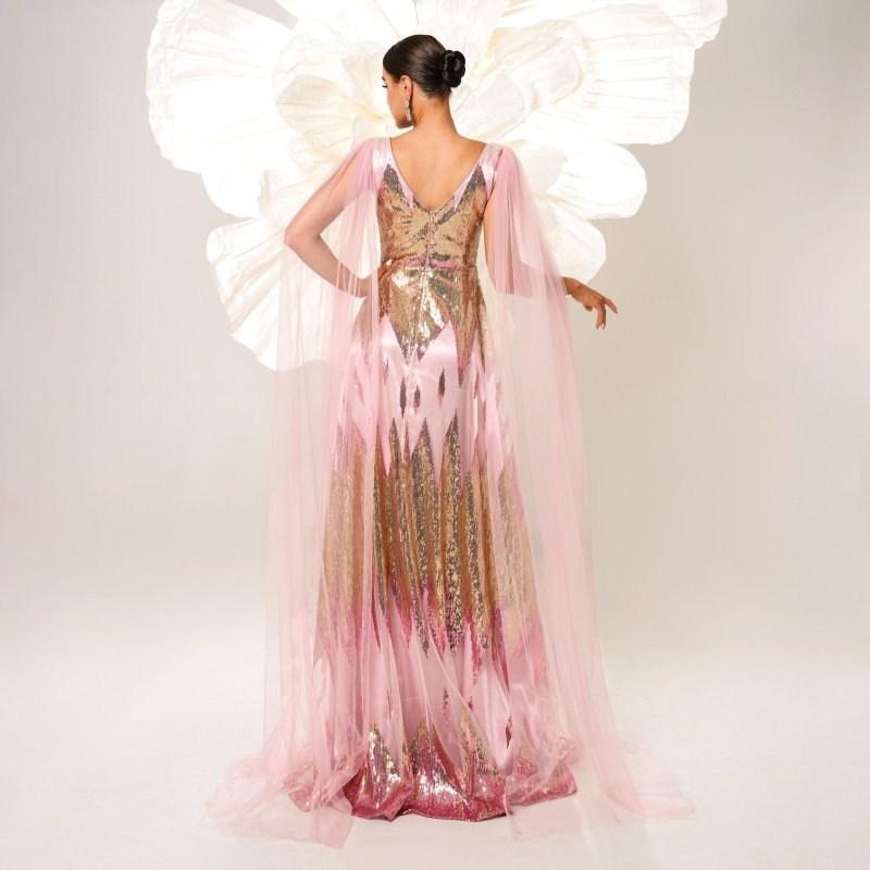 Mesh Long Sleeve V-neck Sequins Large Swing Evening Dress $134.19 Dana Fashion Color: Pink Size: L Women's clothing Product information: Pattern: solid color Skirt type: hip skirt Color: Pink Waist type: high waist Size: S,M,L,XL Style type: Elegant Combi