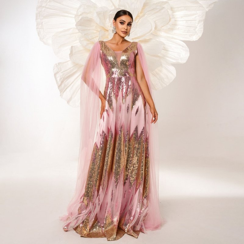 Mesh Long Sleeve V-neck Sequins Large Swing Evening Dress $134.19 Dana Fashion Color: Pink Size: L Women's clothing Product information: Pattern: solid color Skirt type: hip skirt Color: Pink Waist type: high waist Size: S,M,L,XL Style type: Elegant Combi