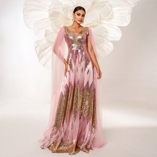 Mesh Long Sleeve V-neck Sequins Large Swing Evening Dress $134.19 Dana Fashion Color: Pink Size: L Women's clothing Product information: Pattern: solid color Skirt type: hip skirt Color: Pink Waist type: high waist Size: S,M,L,XL Style type: Elegant Combi