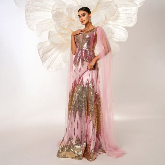Mesh Long Sleeve V-neck Sequins Large Swing Evening Dress $134.19 Dana Fashion Color: Pink Size: L Women's clothing Product information: Pattern: solid color Skirt type: hip skirt Color: Pink Waist type: high waist Size: S,M,L,XL Style type: Elegant Combi