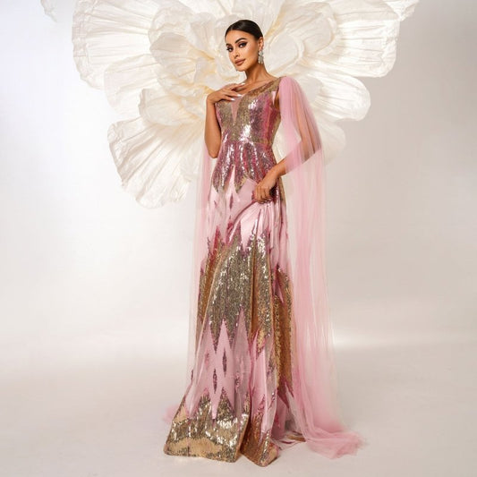 Mesh Long Sleeve V-neck Sequins Large Swing Evening Dress $134.19 Dana Fashion Color: Pink Size: L Women's clothing Product information: Pattern: solid color Skirt type: hip skirt Color: Pink Waist type: high waist Size: S,M,L,XL Style type: Elegant Combi