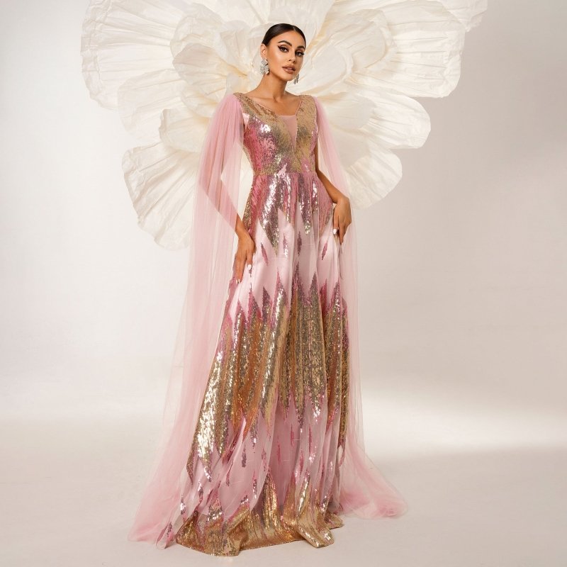 Mesh Long Sleeve V-neck Sequins Large Swing Evening Dress $134.19 Dana Fashion Color: Pink Size: L Women's clothing Product information: Pattern: solid color Skirt type: hip skirt Color: Pink Waist type: high waist Size: S,M,L,XL Style type: Elegant Combi