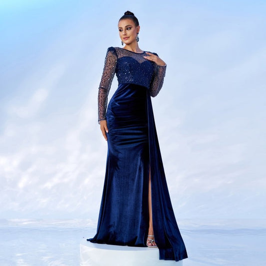 Mesh Sequins Velvet Banquet Fishtail Evening Dress $131.74 Dana Fashion Color: Blue Size: L Women's clothing Product information: Pattern: solid color Skirt type: hip skirt Color: blue Waist type: high waist Size: S,M,L,XL Style type: Elegant Combination