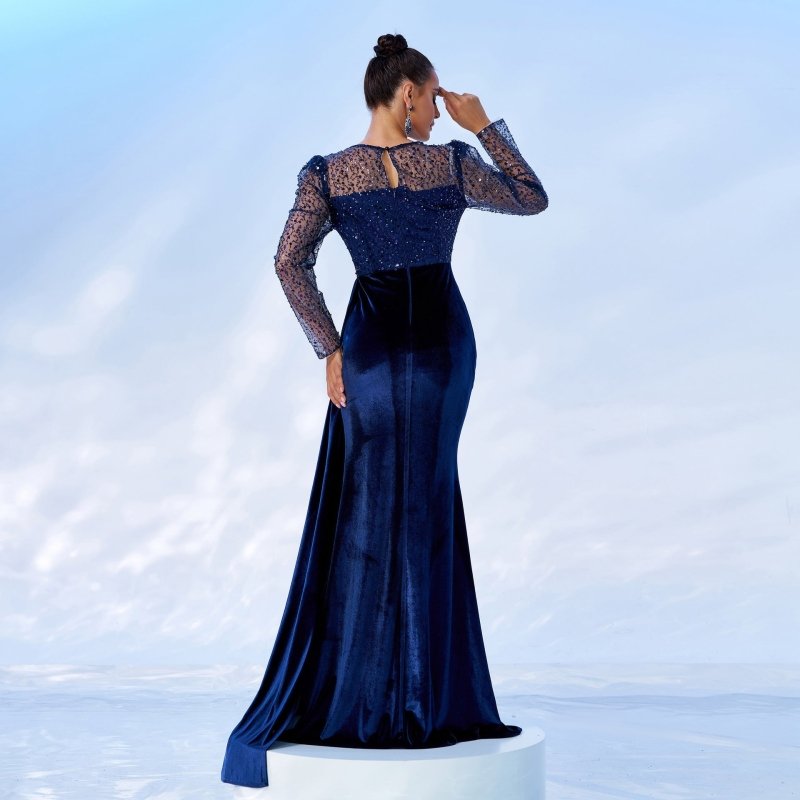 Mesh Sequins Velvet Banquet Fishtail Evening Dress $131.74 Dana Fashion Color: Blue Size: L Women's clothing Product information: Pattern: solid color Skirt type: hip skirt Color: blue Waist type: high waist Size: S,M,L,XL Style type: Elegant Combination