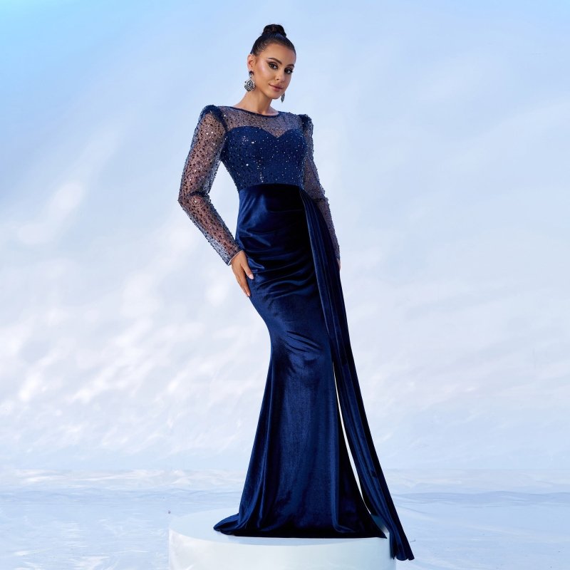 Mesh Sequins Velvet Banquet Fishtail Evening Dress $131.74 Dana Fashion Color: Blue Size: L Women's clothing Product information: Pattern: solid color Skirt type: hip skirt Color: blue Waist type: high waist Size: S,M,L,XL Style type: Elegant Combination