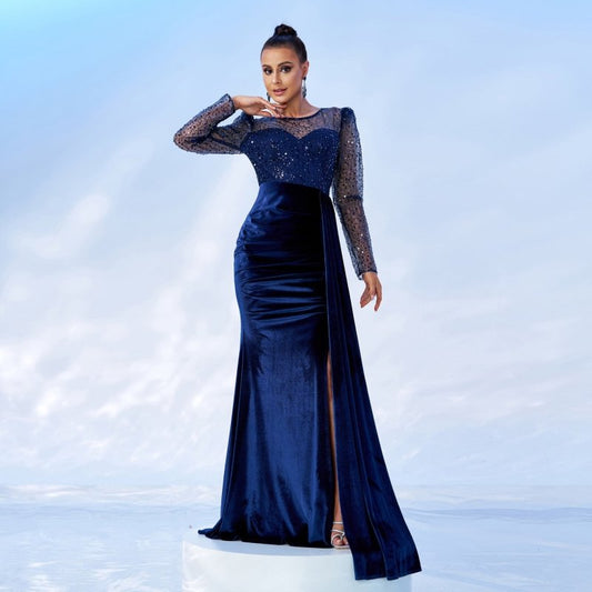 Mesh Sequins Velvet Banquet Fishtail Evening Dress $131.74 Dana Fashion Color: Blue Size: L Women's clothing Product information: Pattern: solid color Skirt type: hip skirt Color: blue Waist type: high waist Size: S,M,L,XL Style type: Elegant Combination