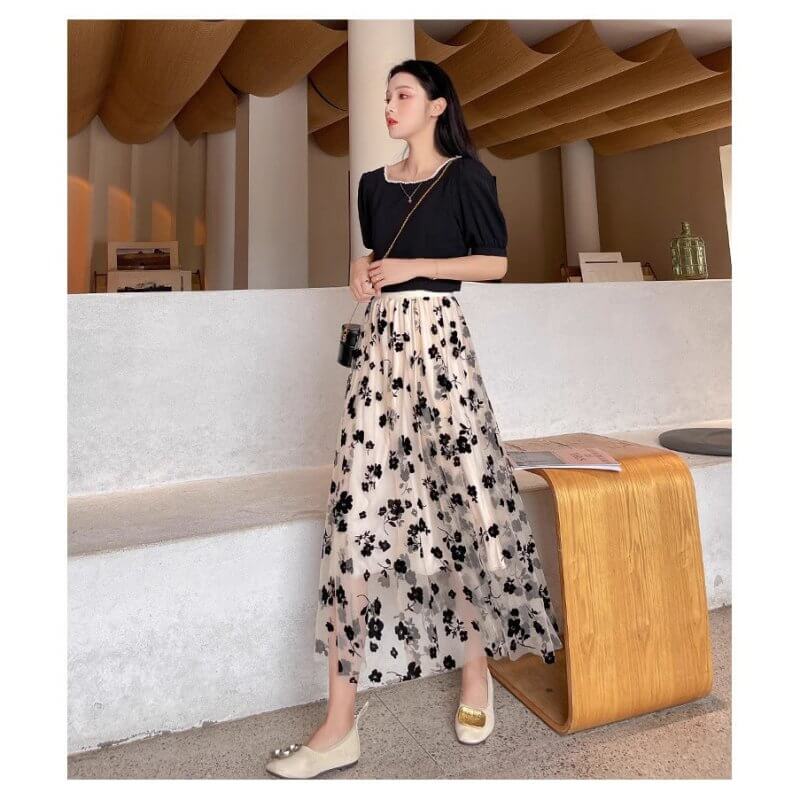 Mesh Skirt Women's Summer Cover Slim $28.90 Dana Fashion Color: Apricot Size: L Women's clothing Product information: Pattern: Flowers Fabric name: Mesh Color: Black, apricot, khaki, light blue Main fabric composition: Polyester (polyester fiber) Size: S,